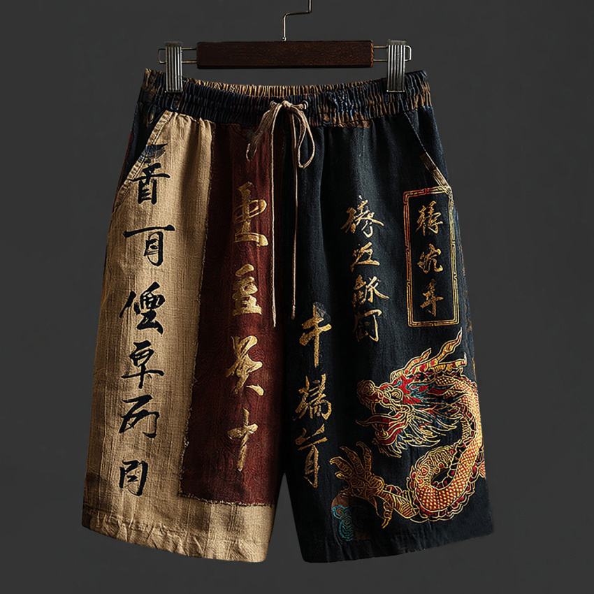 Men's Japanese-style Linen Casual Shorts With Dragon Pattern And Calligraphy Art