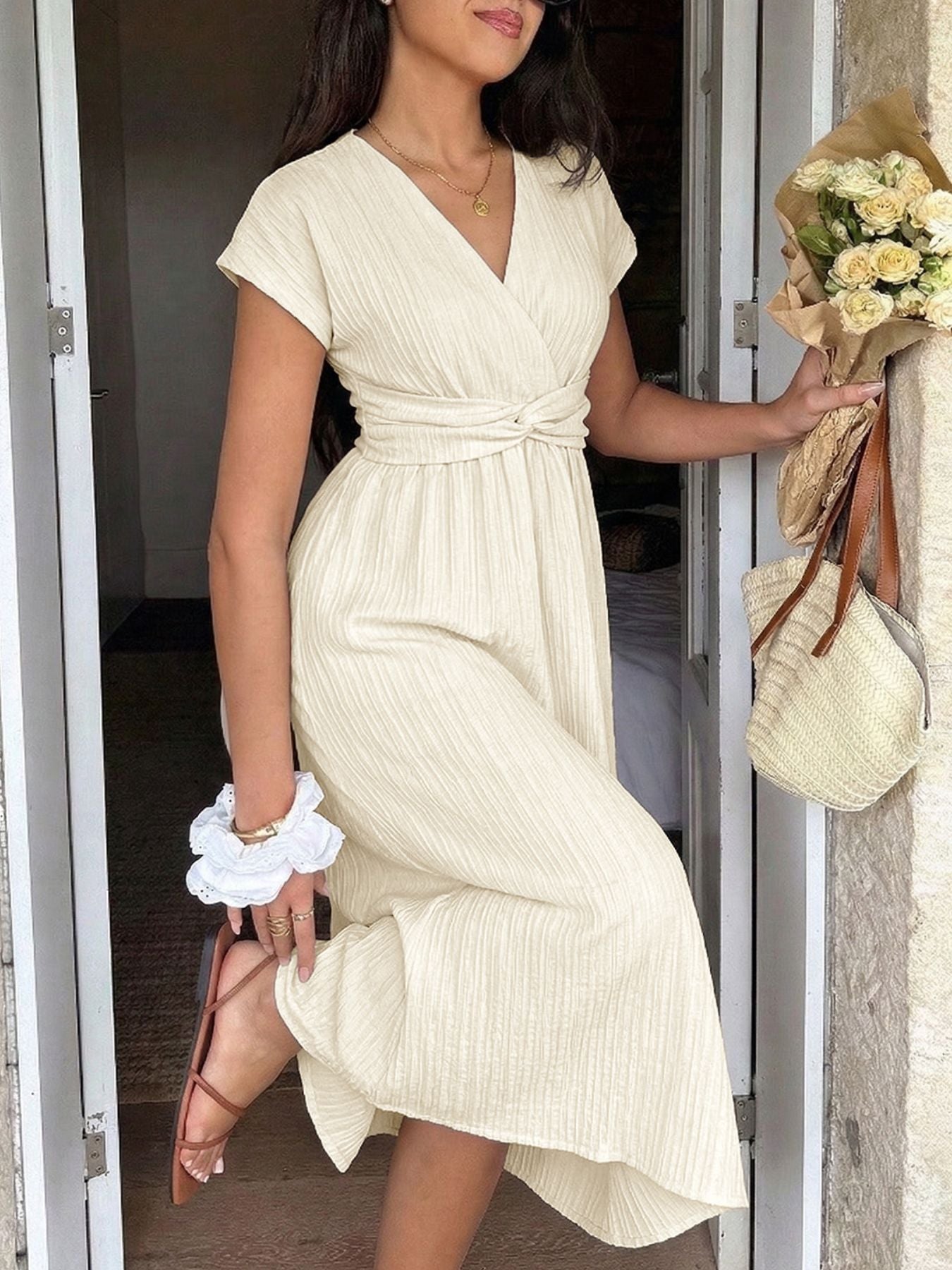 Surplice Short Sleeve Midi Dress