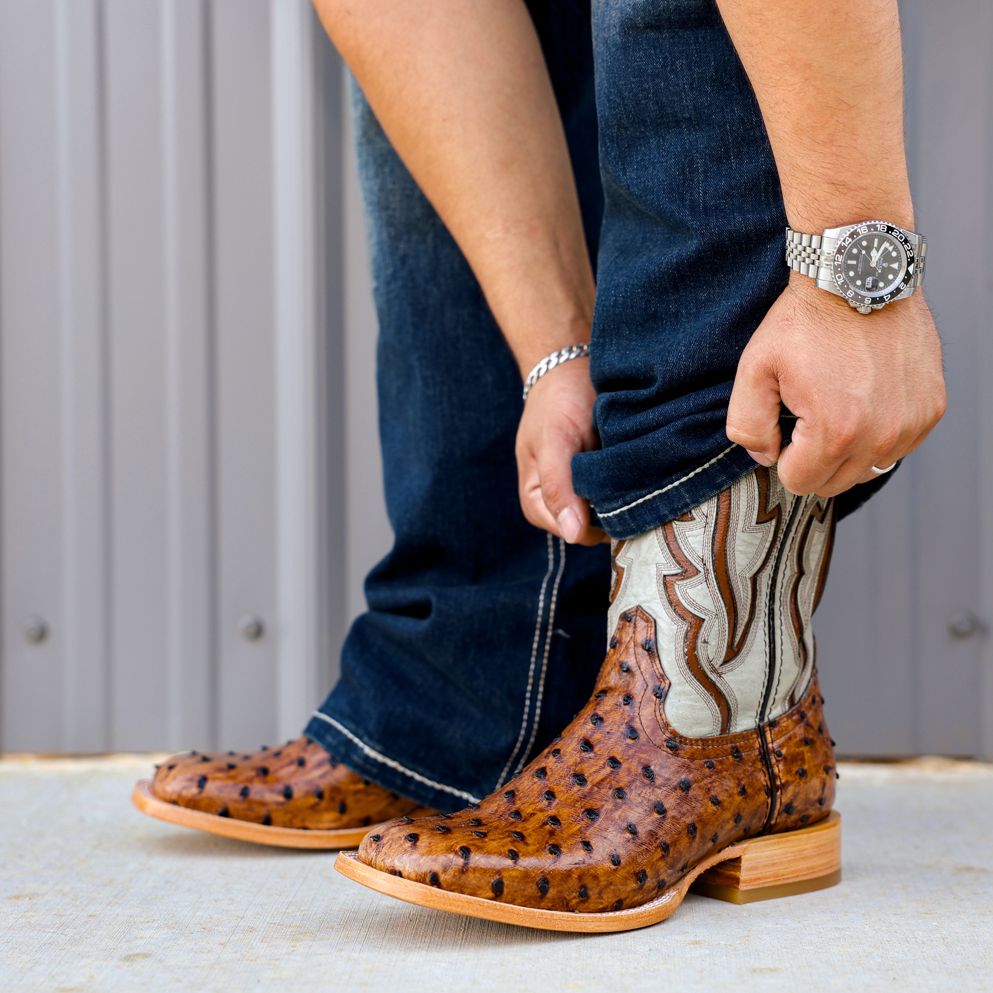 Cognac Ostrich Leather Boots - Square Toe