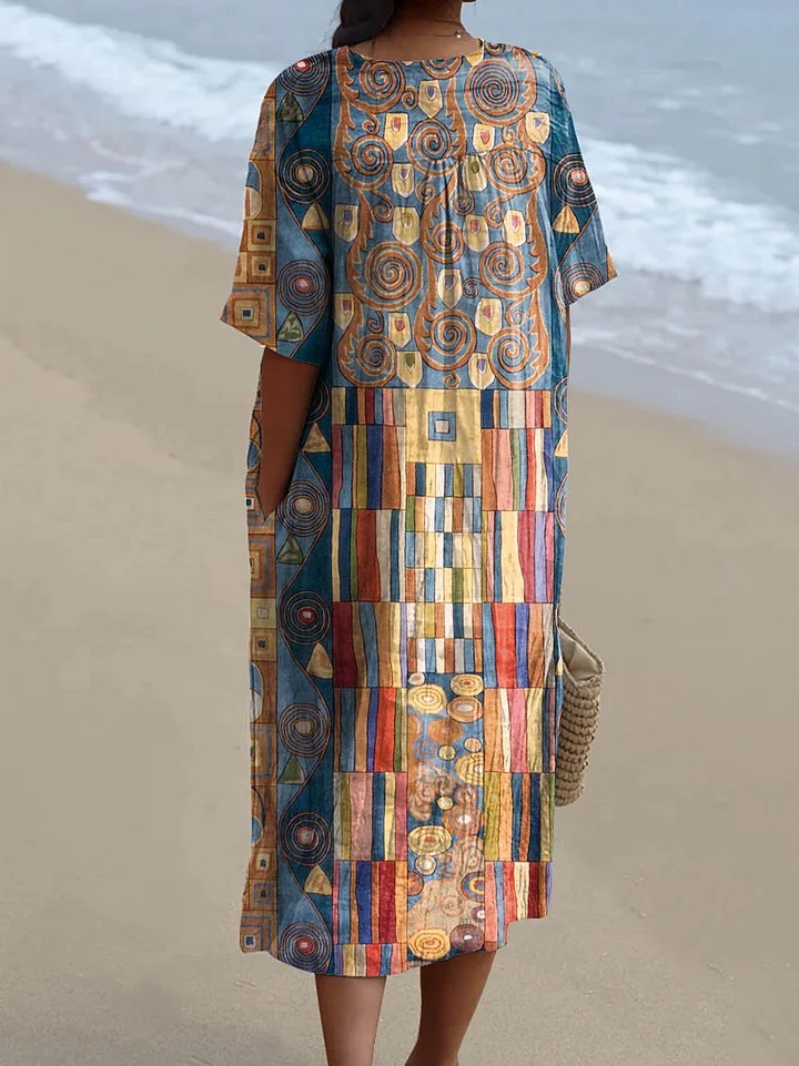 Women's Abstract Geometric Pattern Art Print Sleeveless Cotton Pocket Wrap Dress