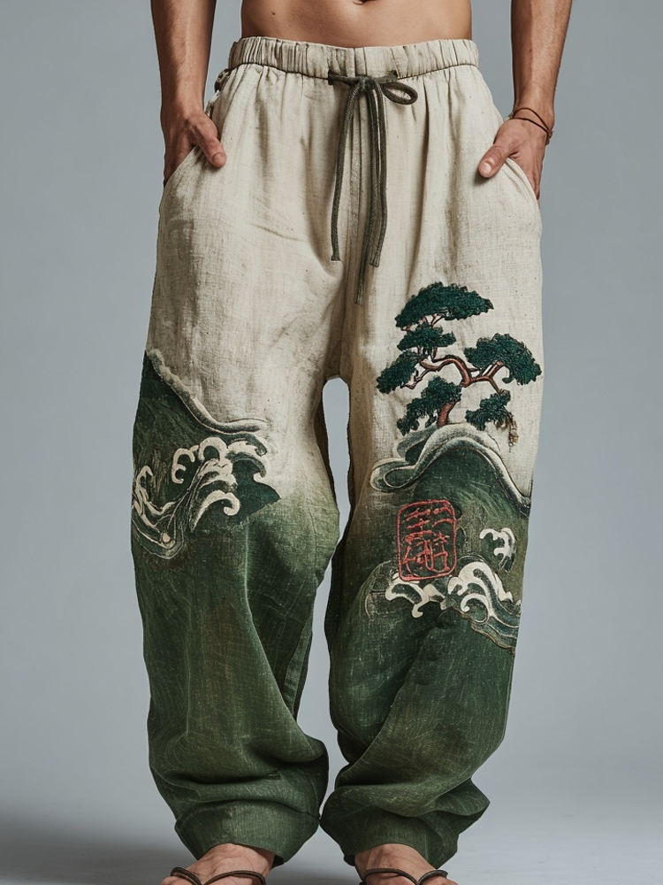 Men's Japanese Waves & Pine Tree Embroidered Linen Trousers