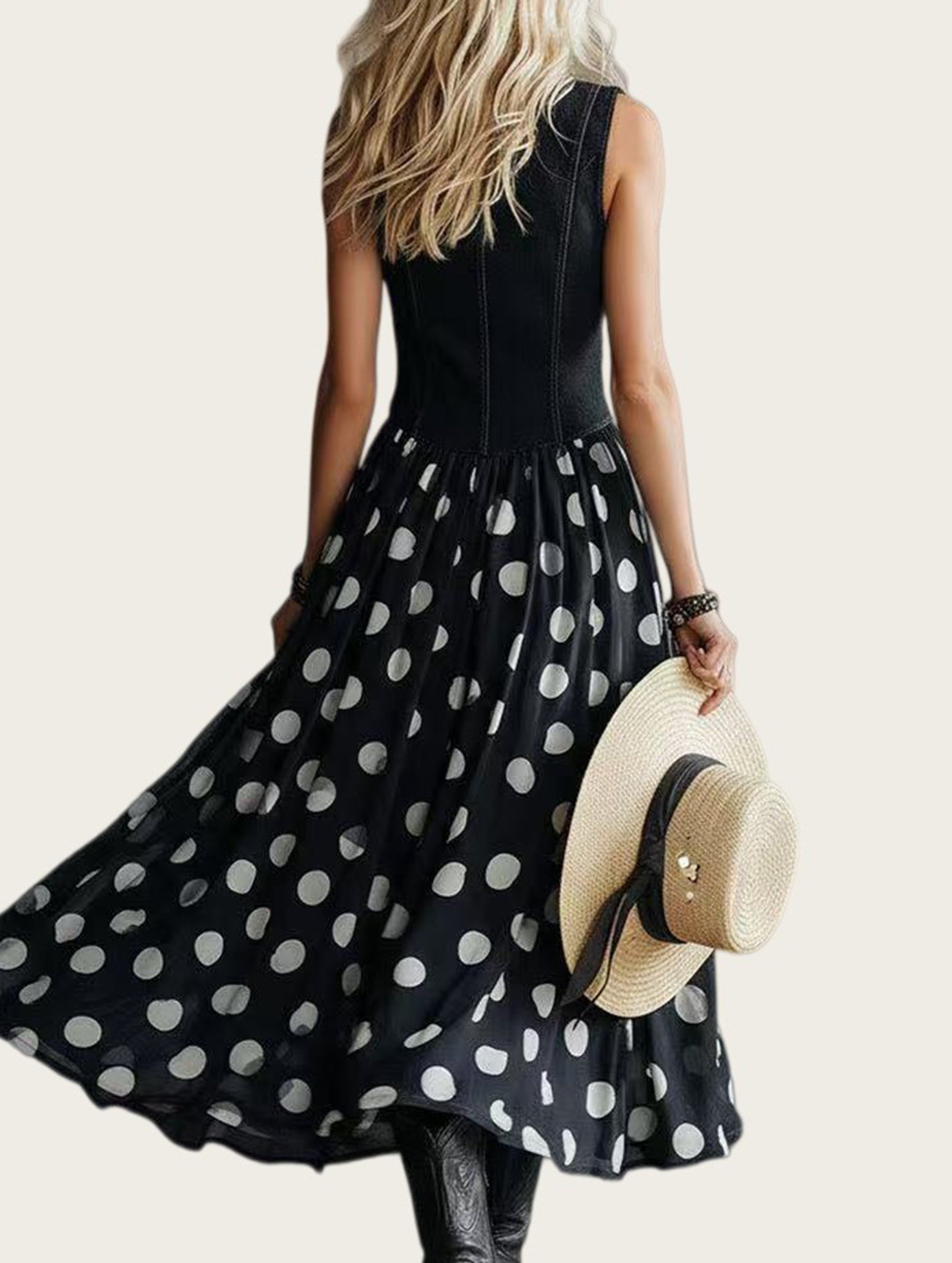 Denim Patch Polka Dot Maxi Dress