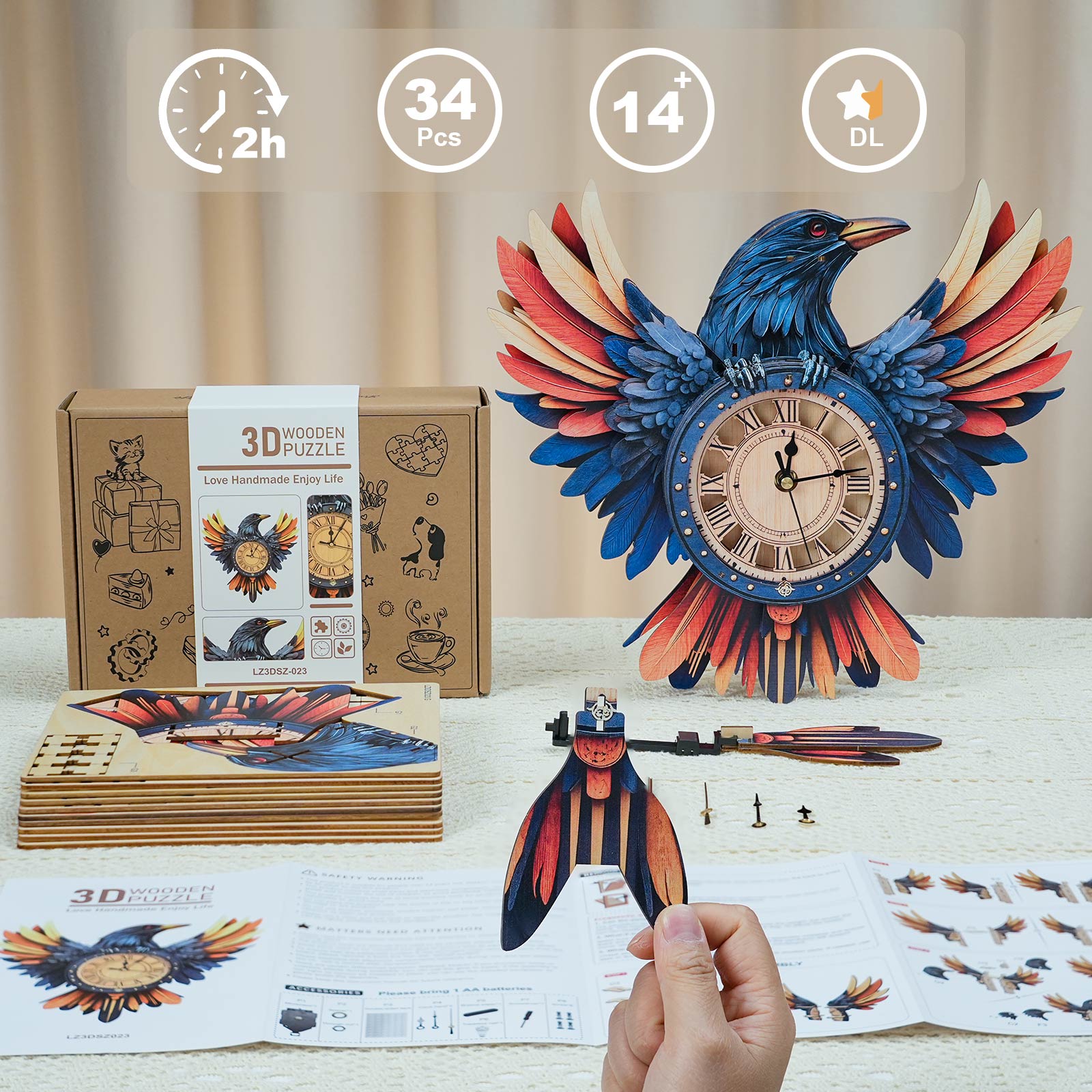 Ravenâ€“ DIY Wooden Clock, 3D Puzzle Craft Kit