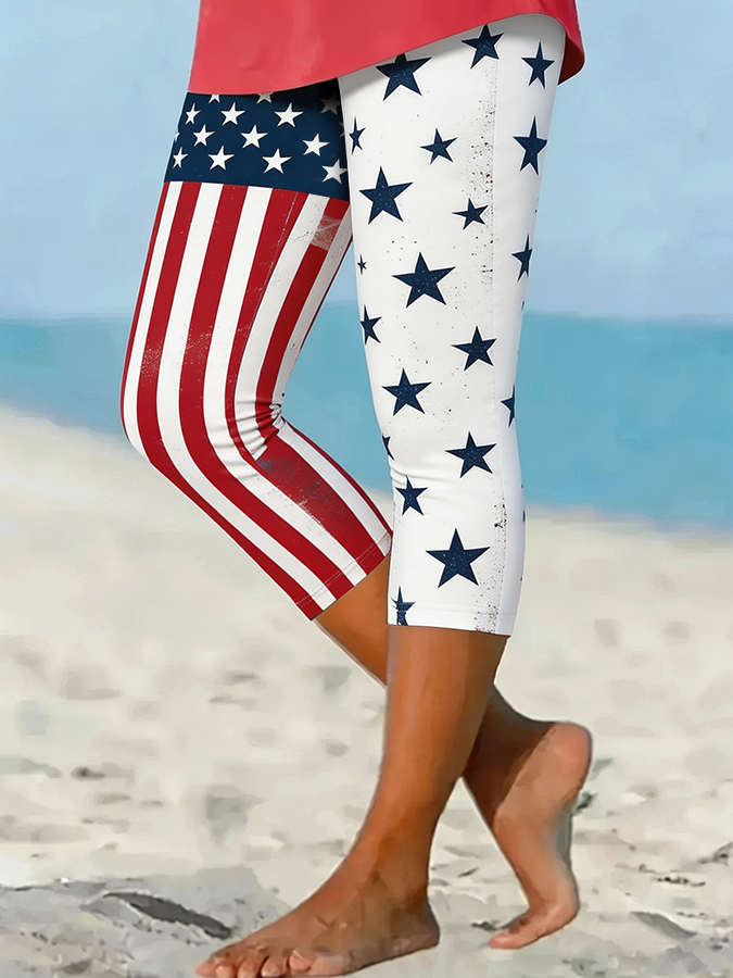 Women's Asymmetrical American Flag Print Capri Leggings