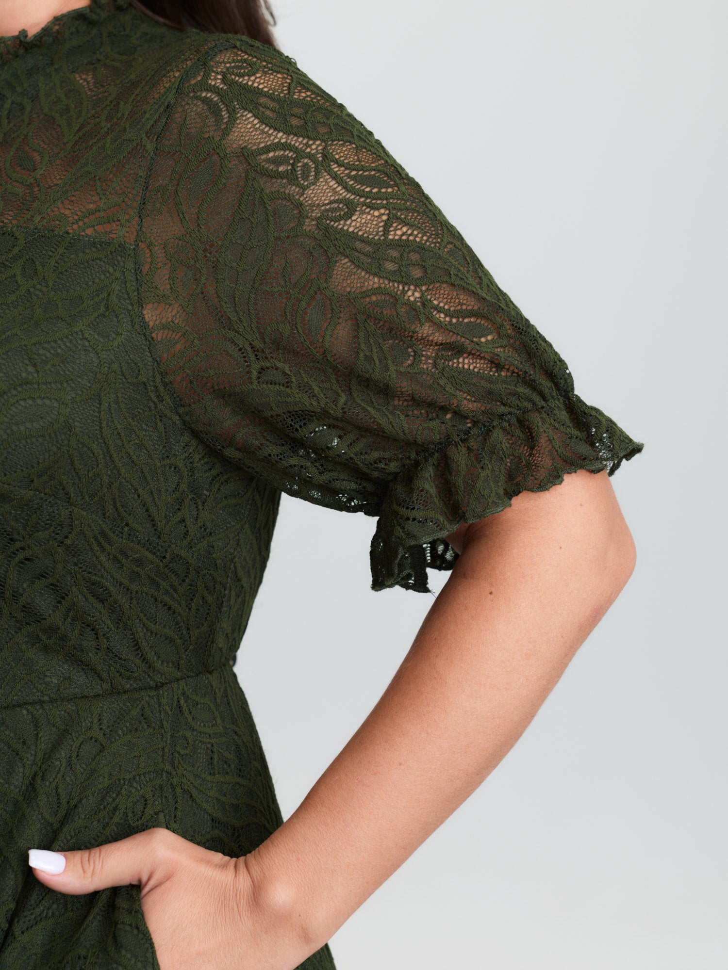 Mock Neck Lace Pockets Midi Dress