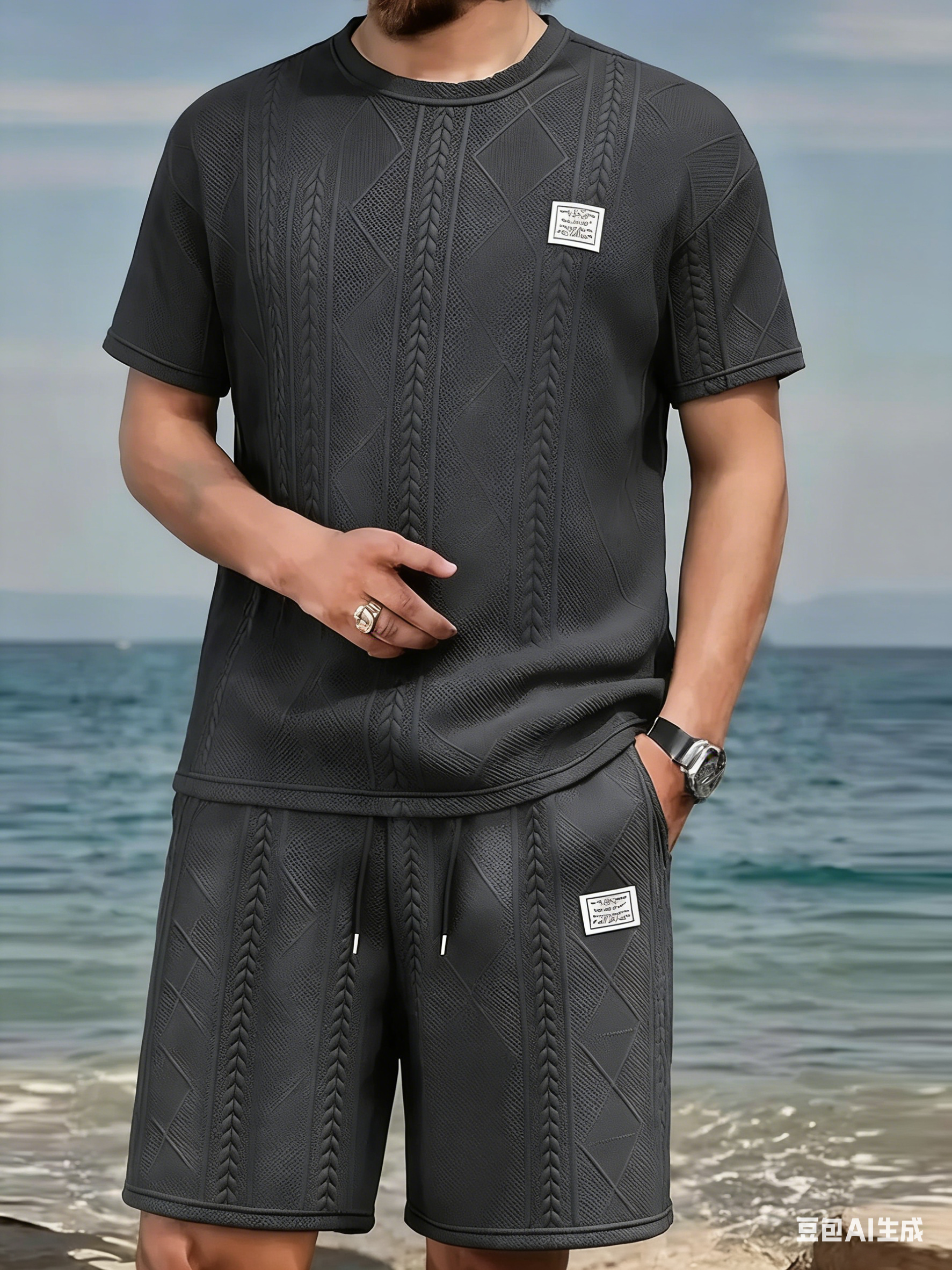 Men’s Summer 2-Piece Casual Sports Set – Breathable Jacquard T-Shirt & Shorts