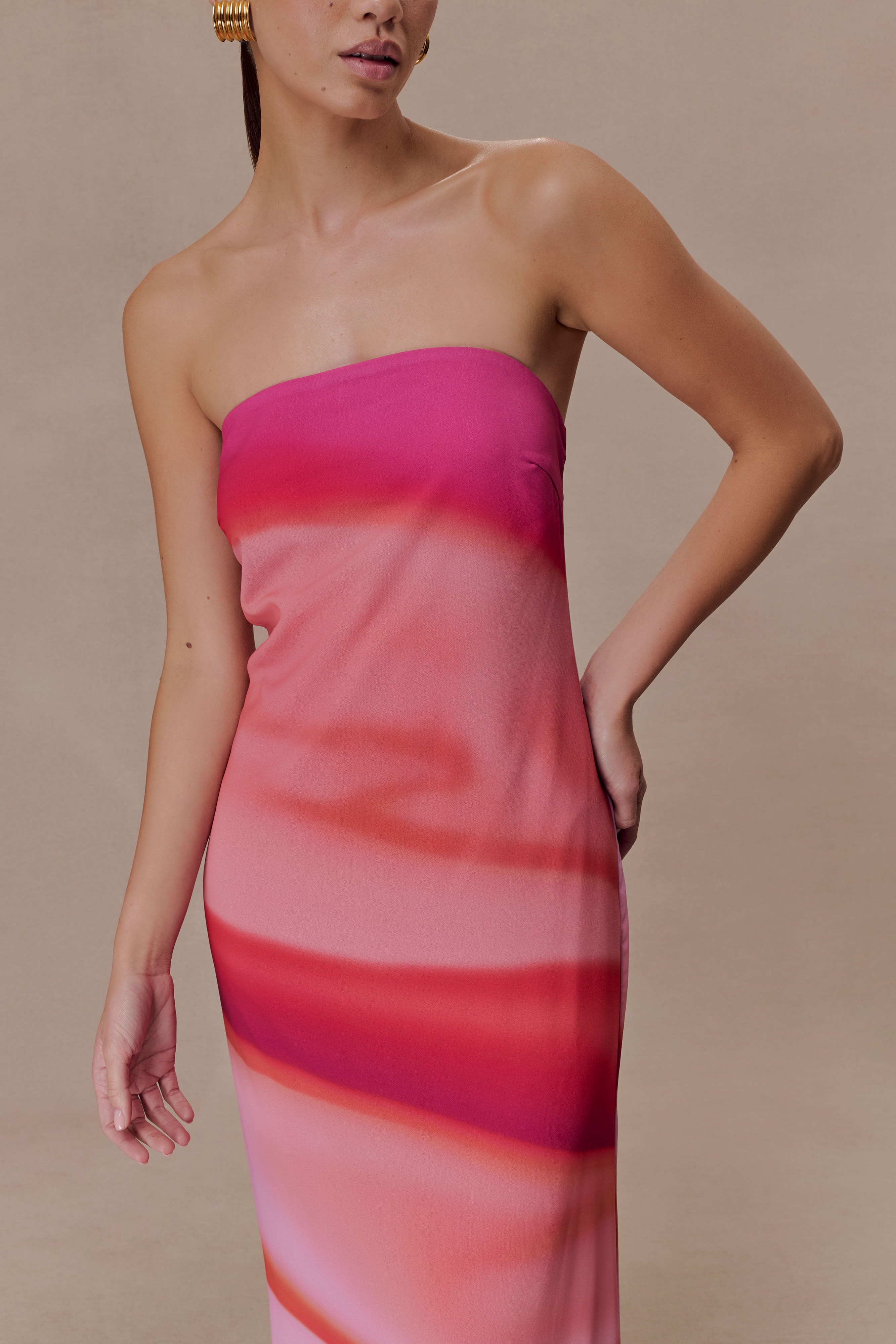 Print Strapless Chiffon Maxi Dress