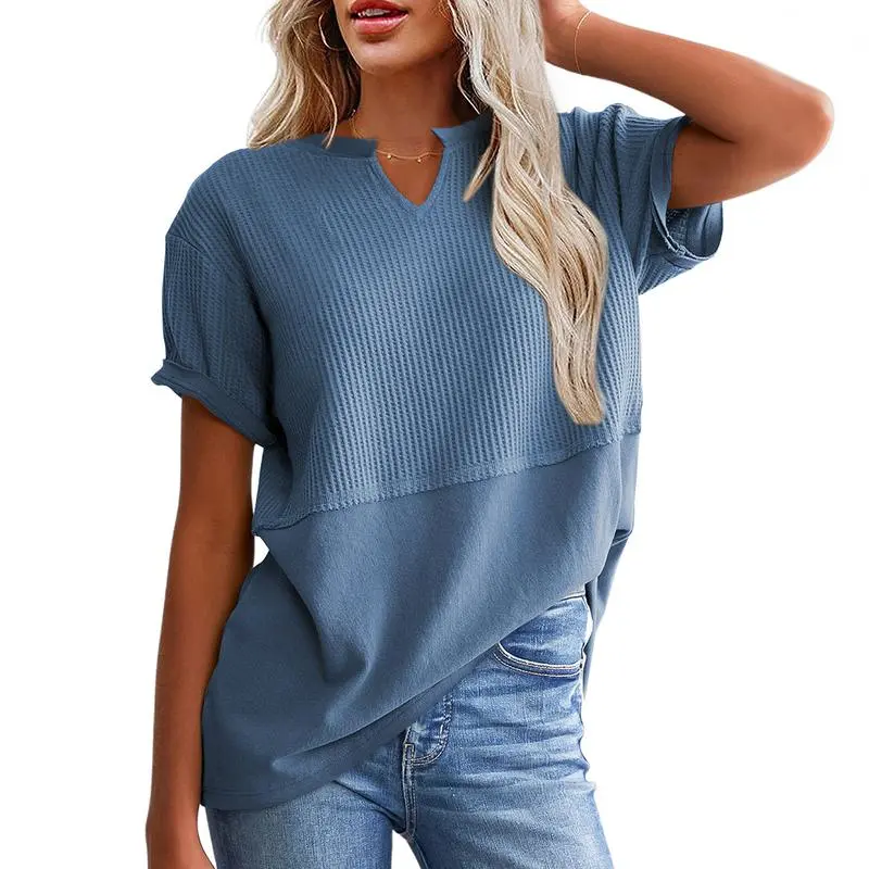 2026 Spring/Summer Cozy Oversized Waffle Knit V-Neck Top Women's Short Sleeve Pullover