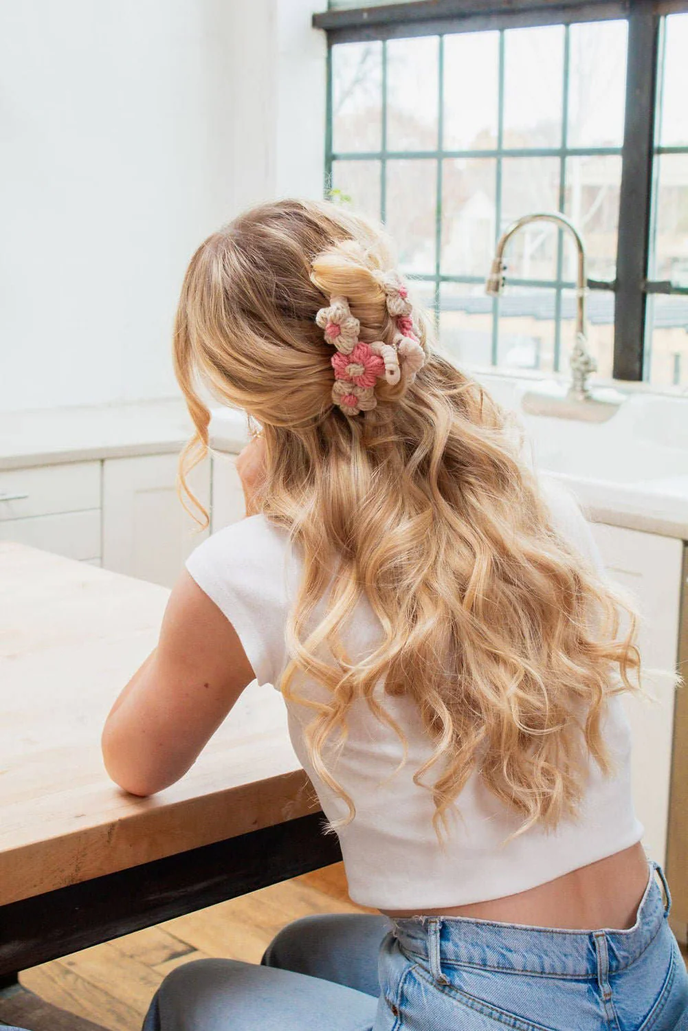 Pink Flower Crochet Cover Large Hair Claw Clip