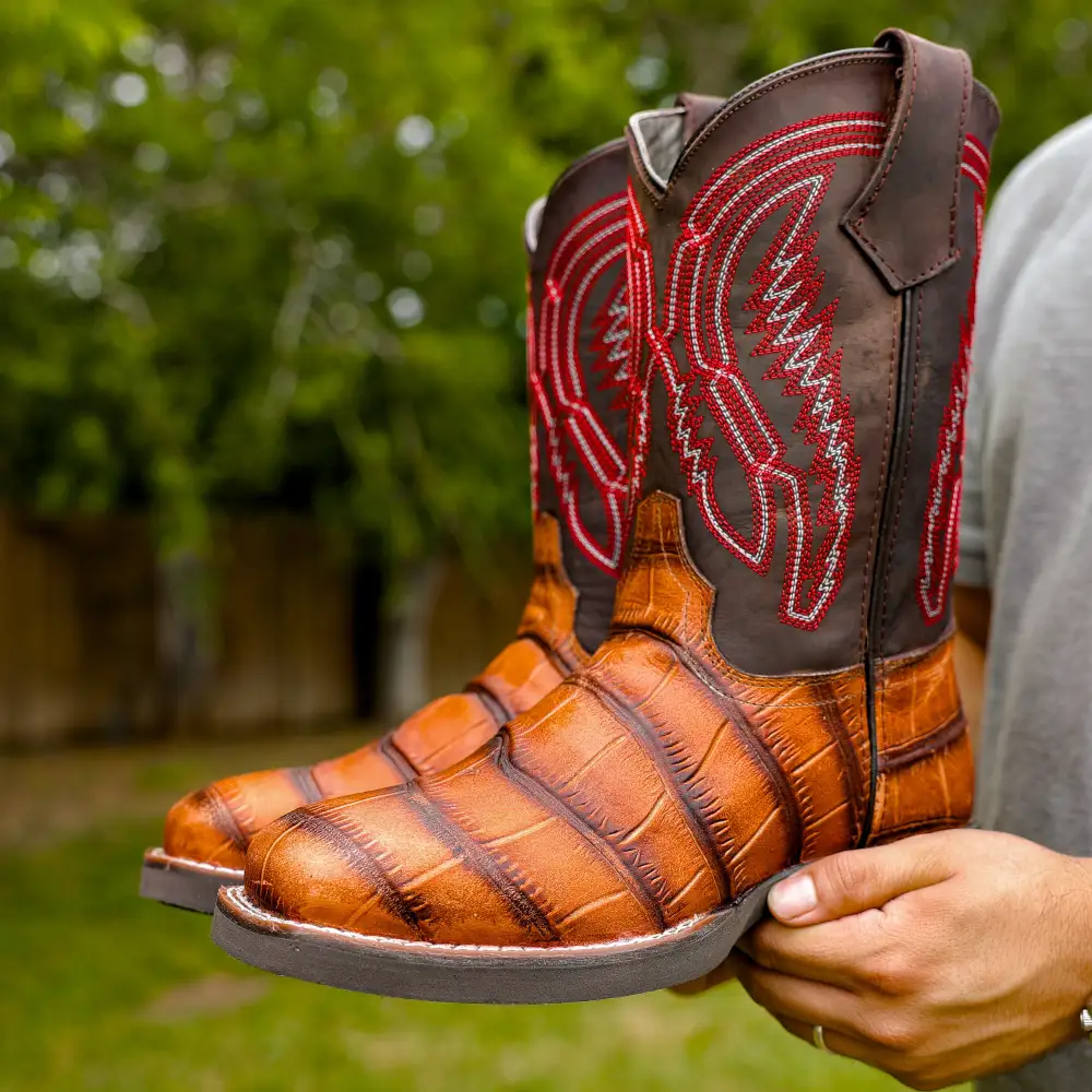 Cognac American Gator Belly Leather Boots With Lightweight Soles - Square Toe