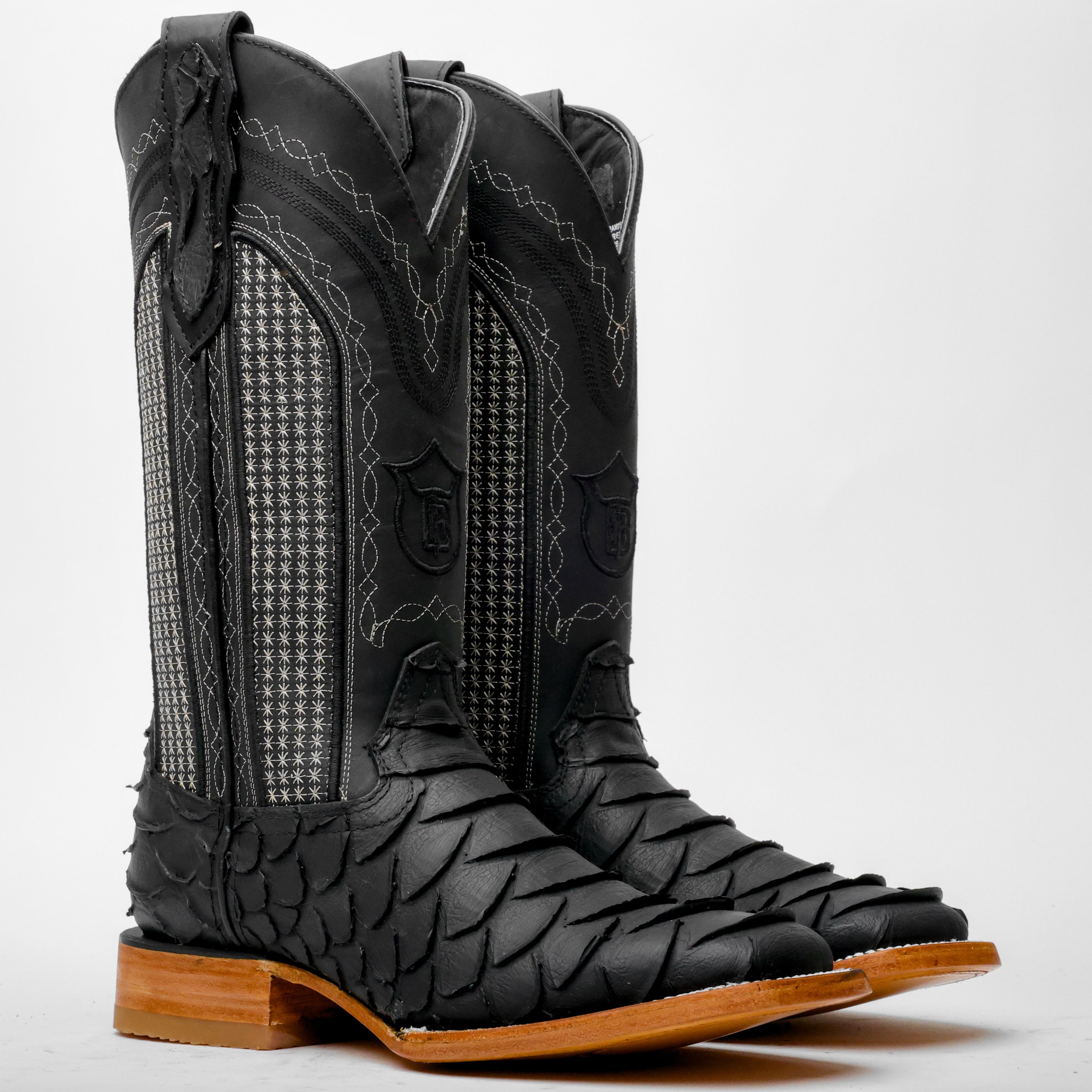Matte Black Jumbo Python Leather Boots - Square Toe