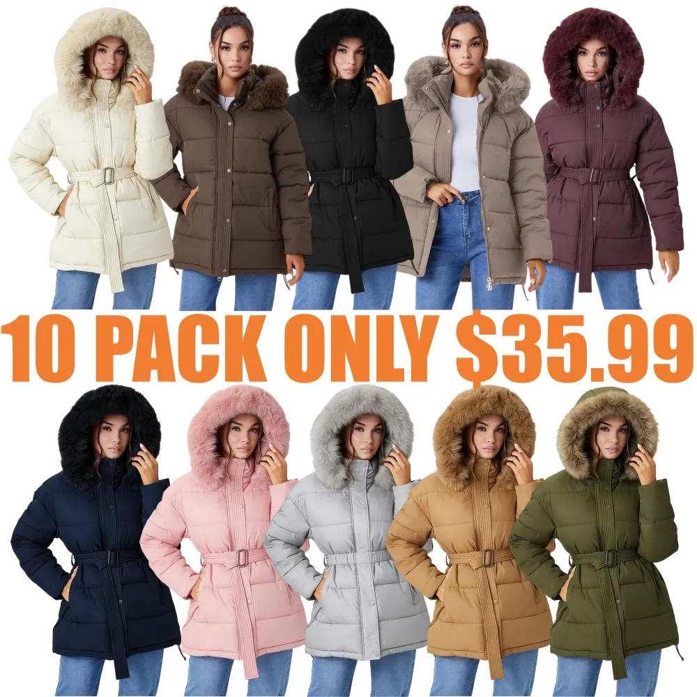 Women's Versatile Solid Color Fluffy Hooded Zip-Up Belt Decor Cotton Coat