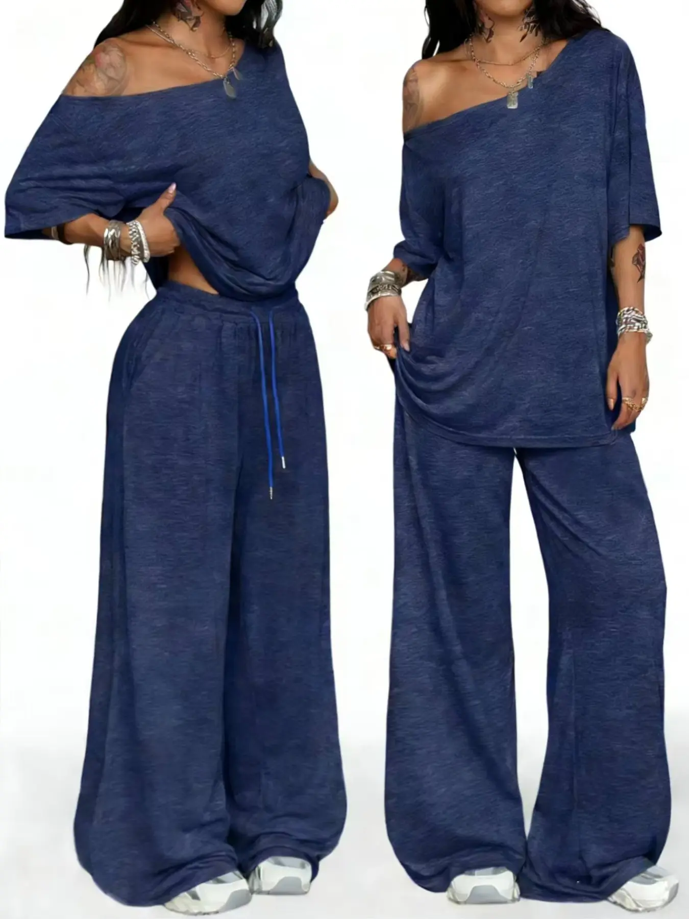 Women's Casual Solid Color Sport Two-Piece Set, Loose Long Pants & Wide Leg Slant Neck Pant Suit, Spring & Fall Fashion