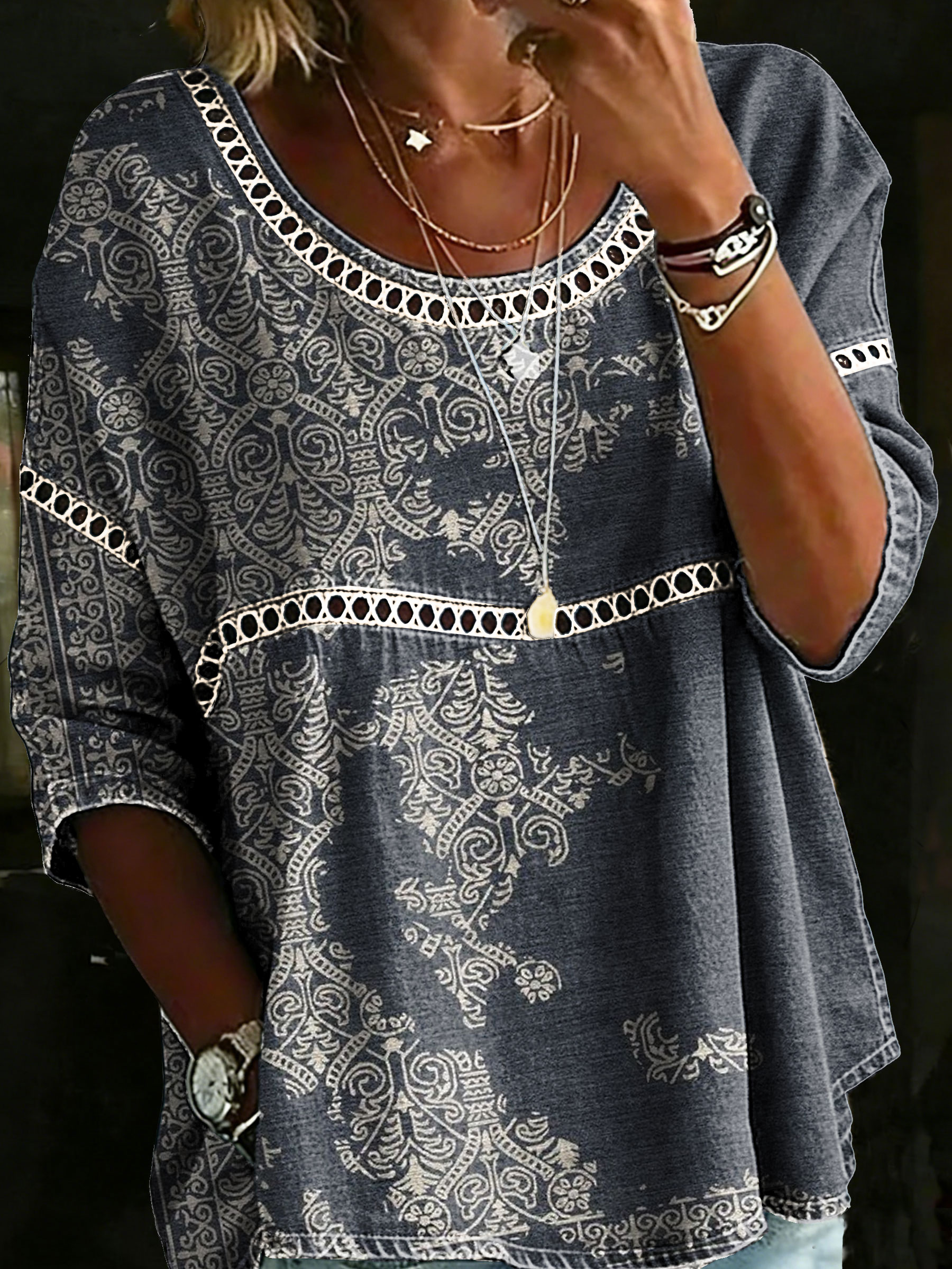 Women's Vintage Ethinic Casual Loose Denim Blouse Shirt