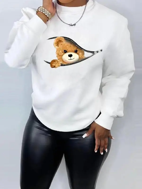 Women's Cartoon Bear Print Drop Shoulder Longsleeves