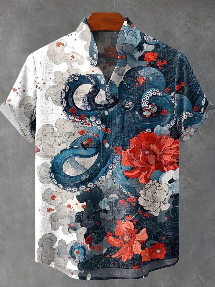 Japanese Style Ocean Octopus Flower Cloud Art Vintage Print Casual Cotton Shirt