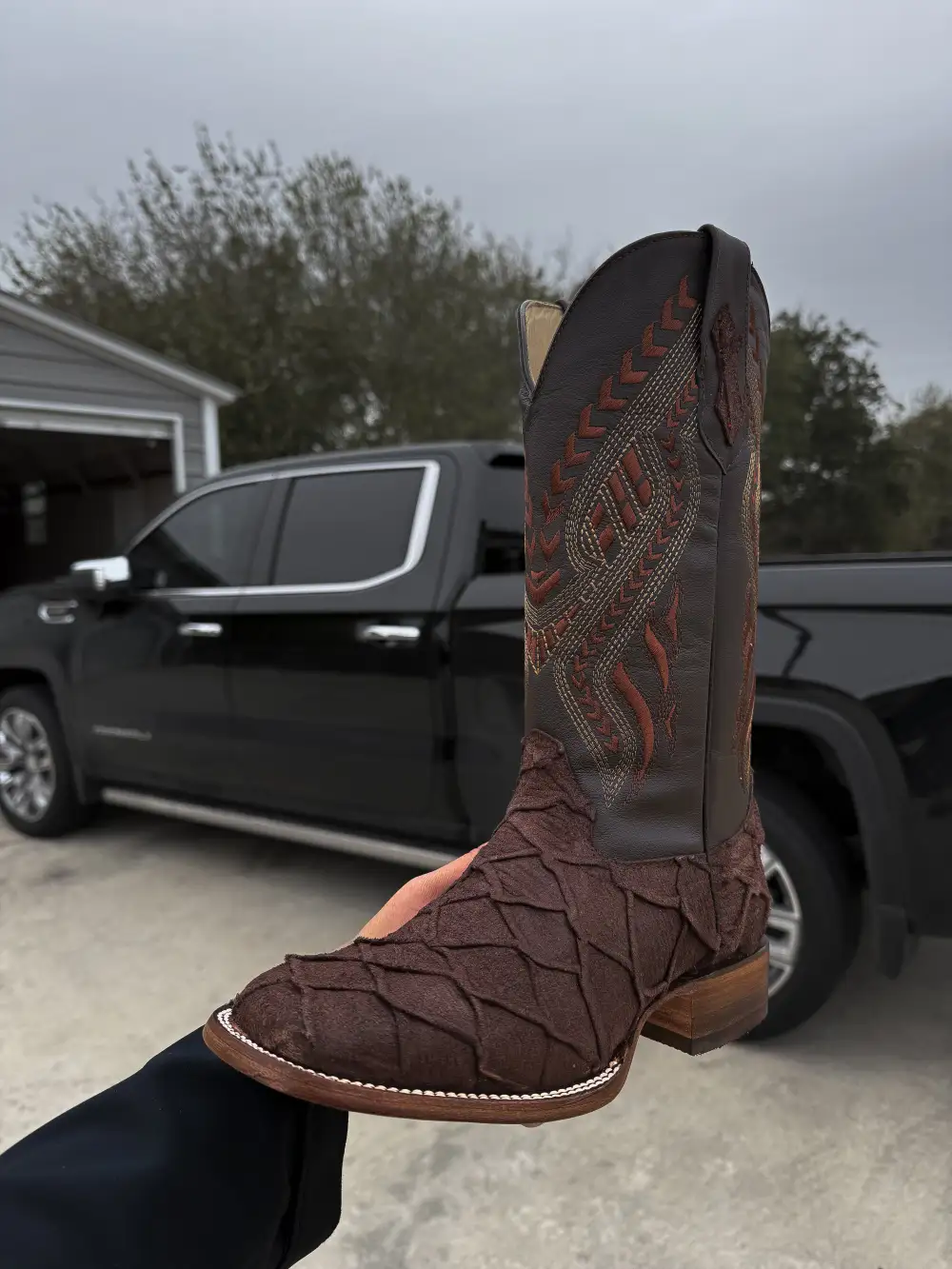 Chocolate Brown Rough-Out Pirarucu Leather Boots - Square Toe