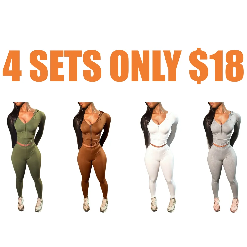 Women's Solid Color Zip Up Crop Top & High Waist Leggings Sets