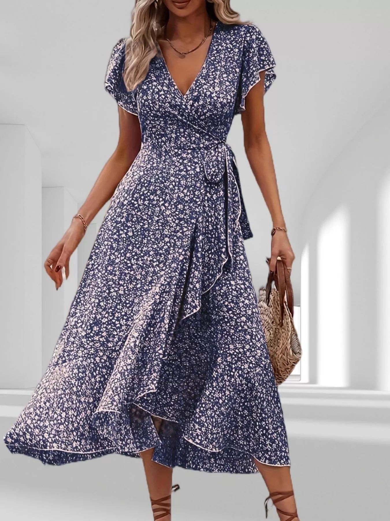 Floral Print Ruffle Hem Wrap Midi Dress