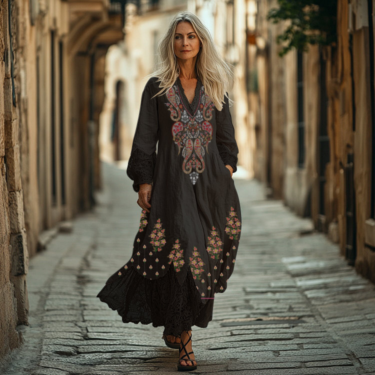Ethnic Embroidery Vintage Casual Linen Dress 796a