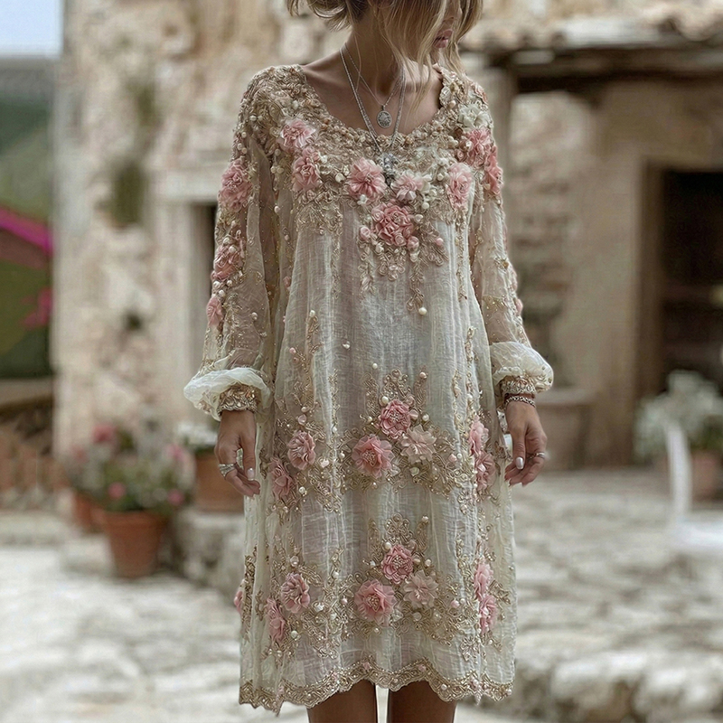 Women's Pink Rose Embroidery Art Round Neck Long Sleeve Linen Blend Midi Dress