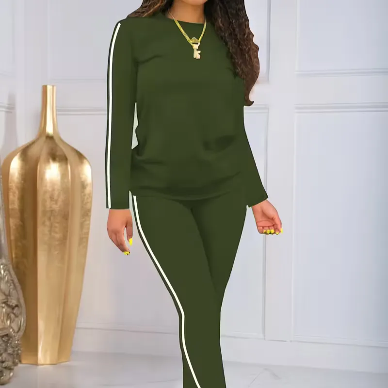 Women's Striped Print Long Sleeve Top & Pants Two-piece Set