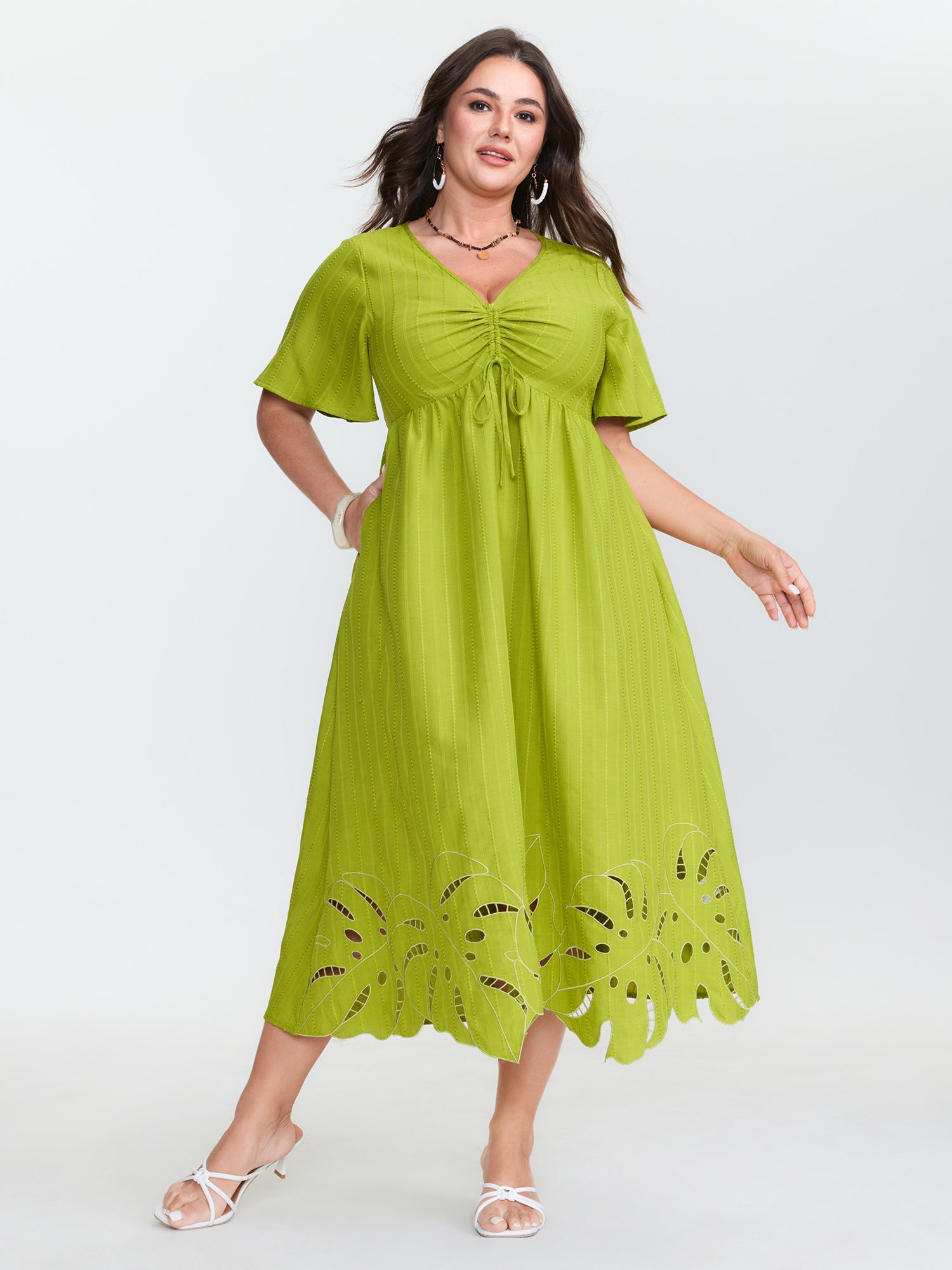 Ruched Bodice Embroidered Cut Out Midi Dress