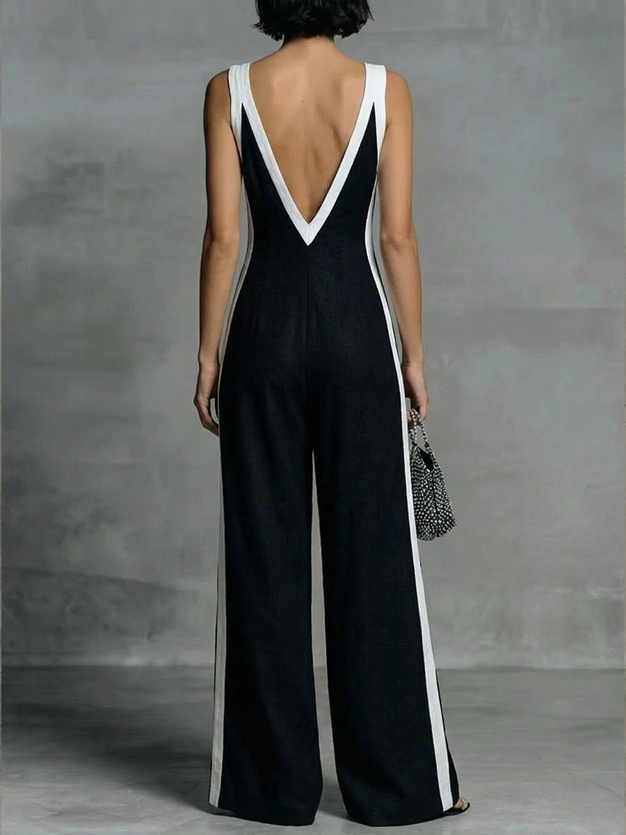 Patchwork Linen And Cotton Sleeveless Jumpsuit