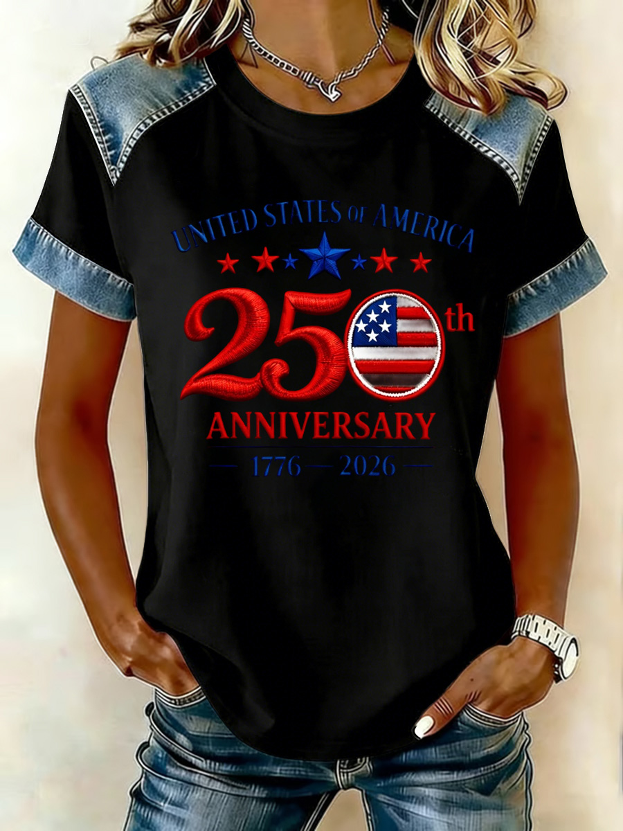 250Th Anniversary Embroidered T-Shirt For American Cowboy Shoulders