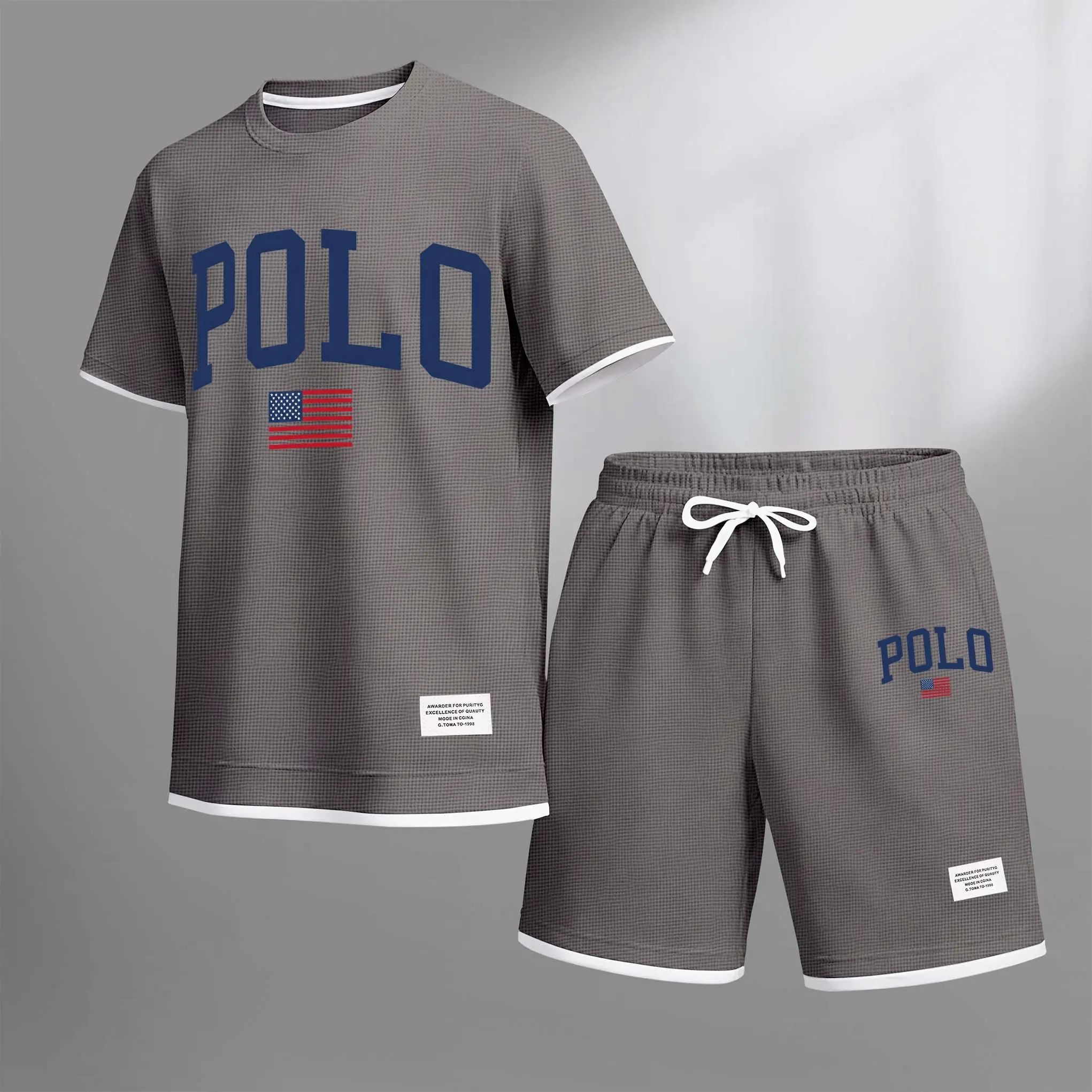Men's Polo Print Drawstring Shorts Set For Spring/Summer