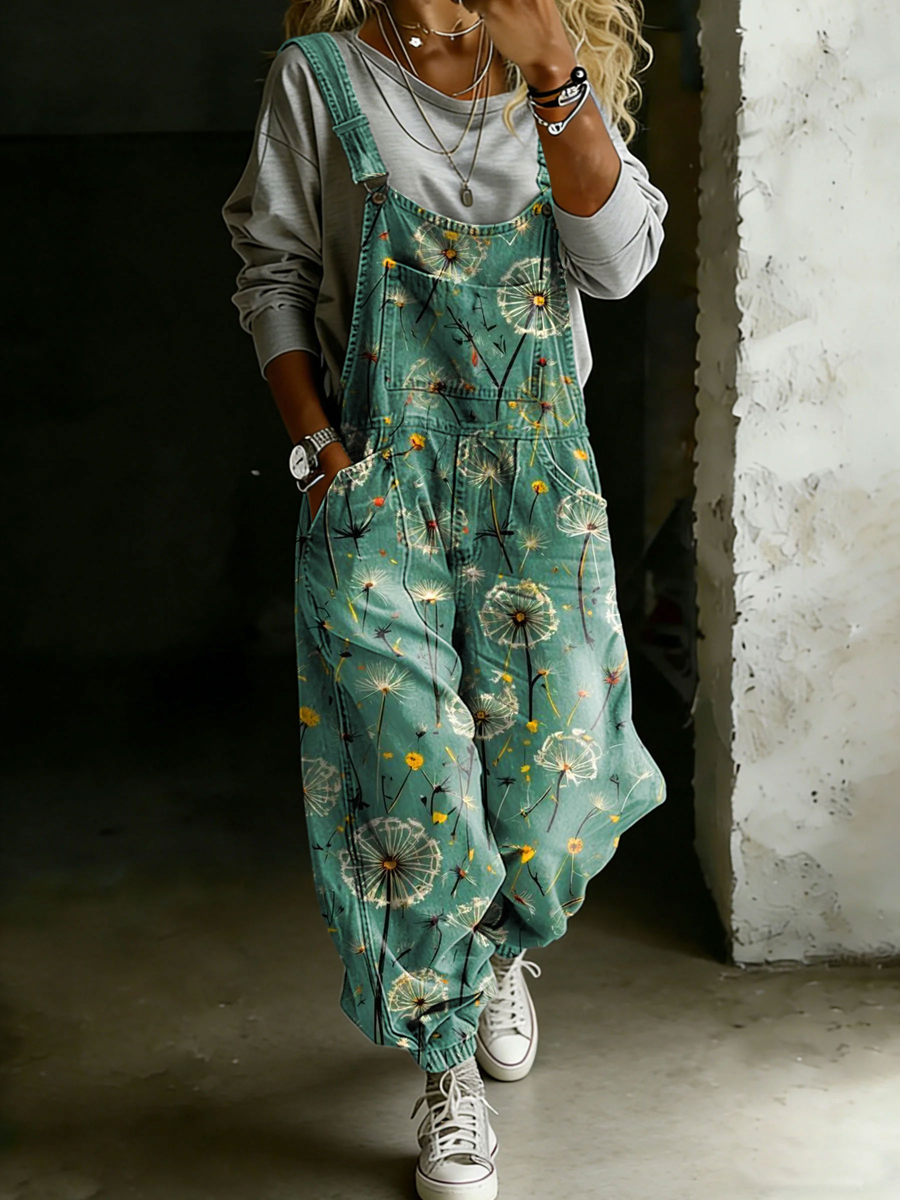 Women’s Dandelion Print Casual One Piece Denim Jumpsuit