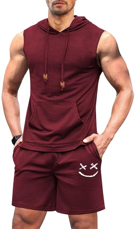Men's Hoodie Short Set Workout Hooded Tank Top Solid Color 2 Piece Outfit Summer Sleeveless Tracksuits