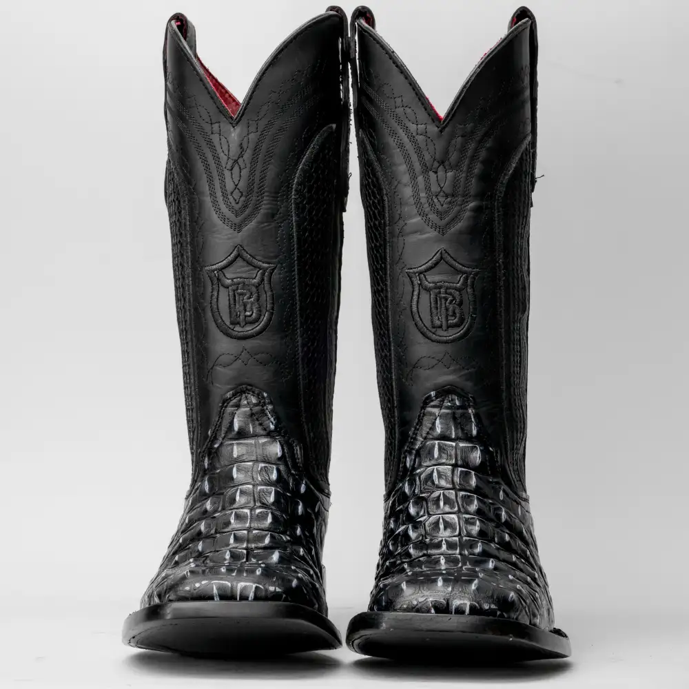 Black/Grey Caiman Hornback Leather Boots - Square Toe