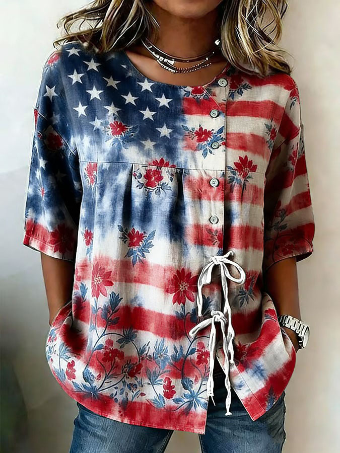 Women'S Independence Day 250Th Anniversary Flower Art Printed Casual Shirt