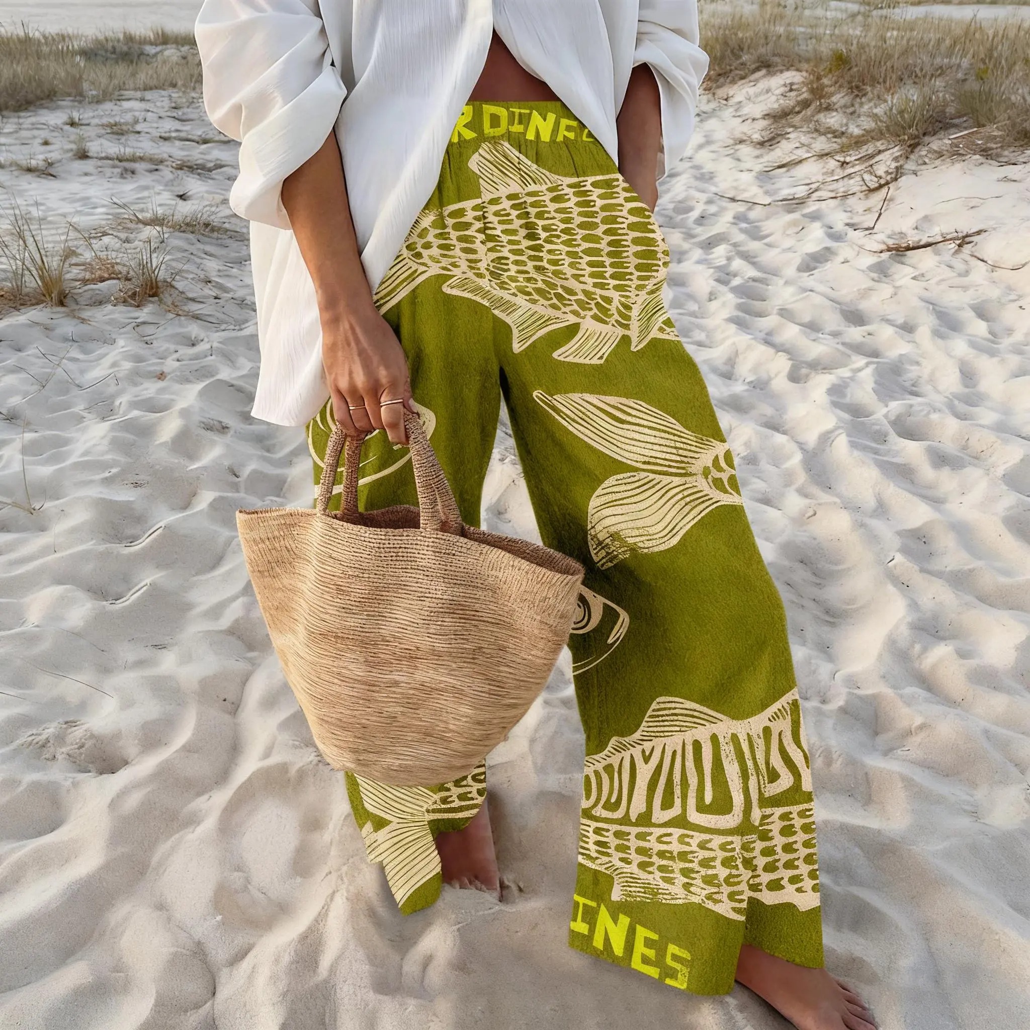 Women's Retro Nautical-Style Sardine Print Wide-Leg Pants with Contrasting Painted Loose and Comfortable