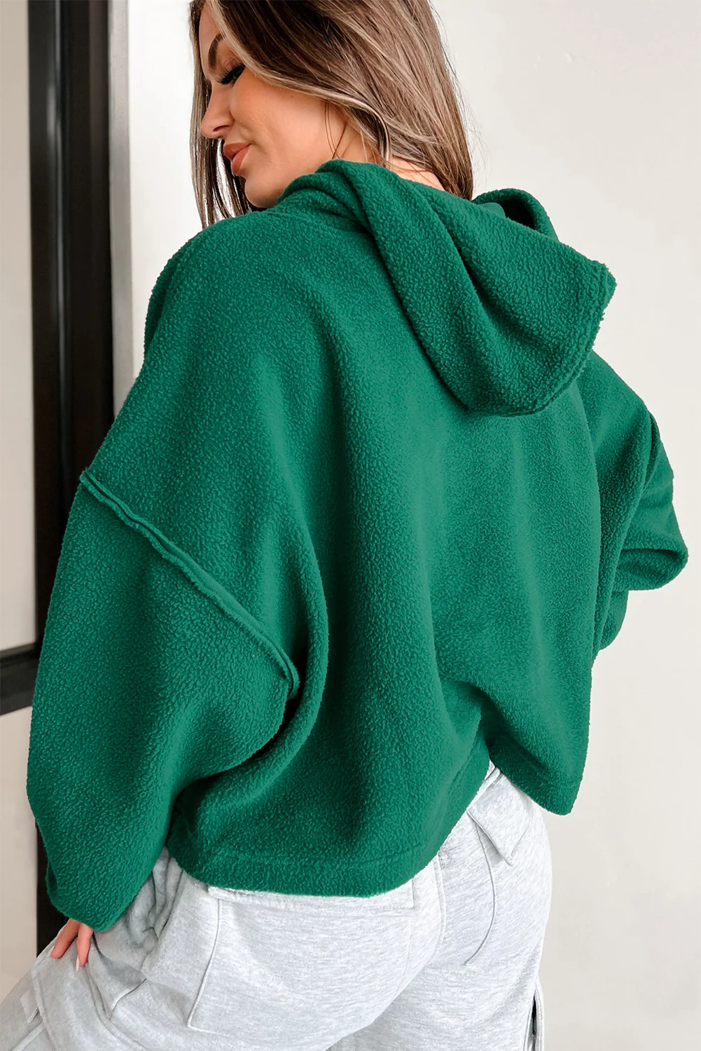 Dark Sherpa Fleece Drop Shoulder Hoodie