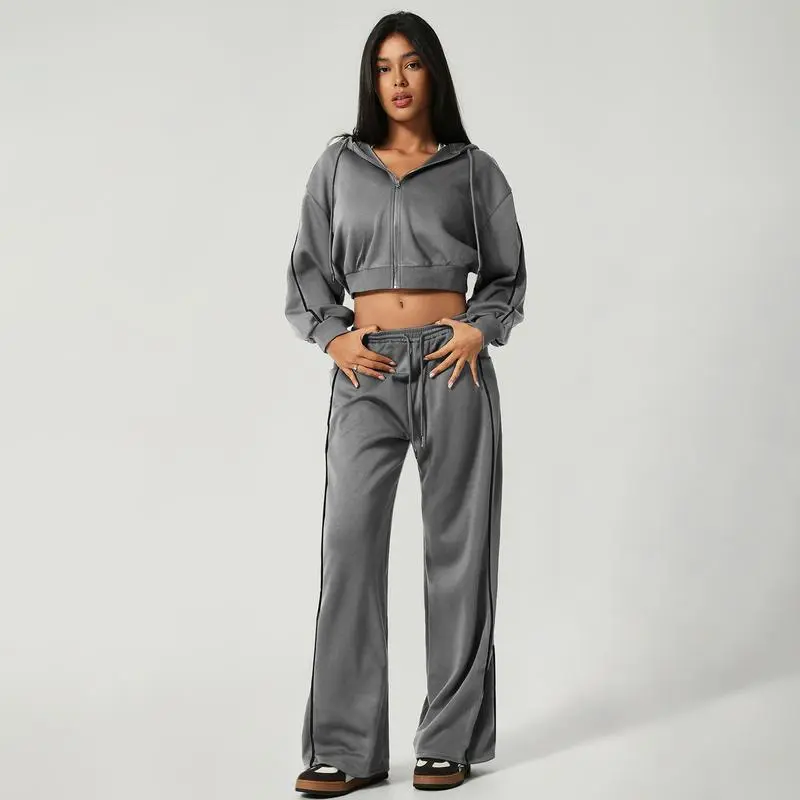 Women’s Hooded Tracksuit Set (Cropped Hoodie + Wide Leg Pants)