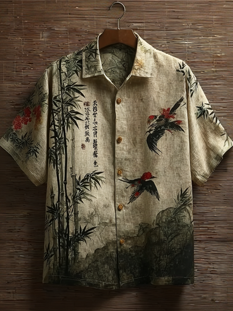 Japanese Art Retro Style Birds And Flowers Pattern Men's Short Sleeve Shirt