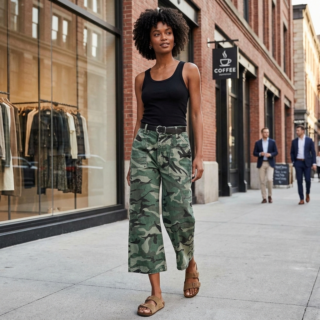 Stretchy Camo Print Mid Waist Straight Leg Capri Pants Summer Vibes