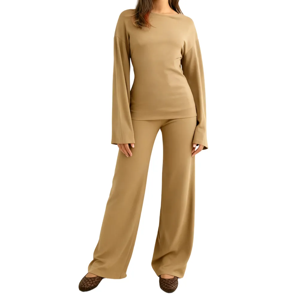 Women's Fall Round Neck Flare Top & Elastic-Waist Pants Set