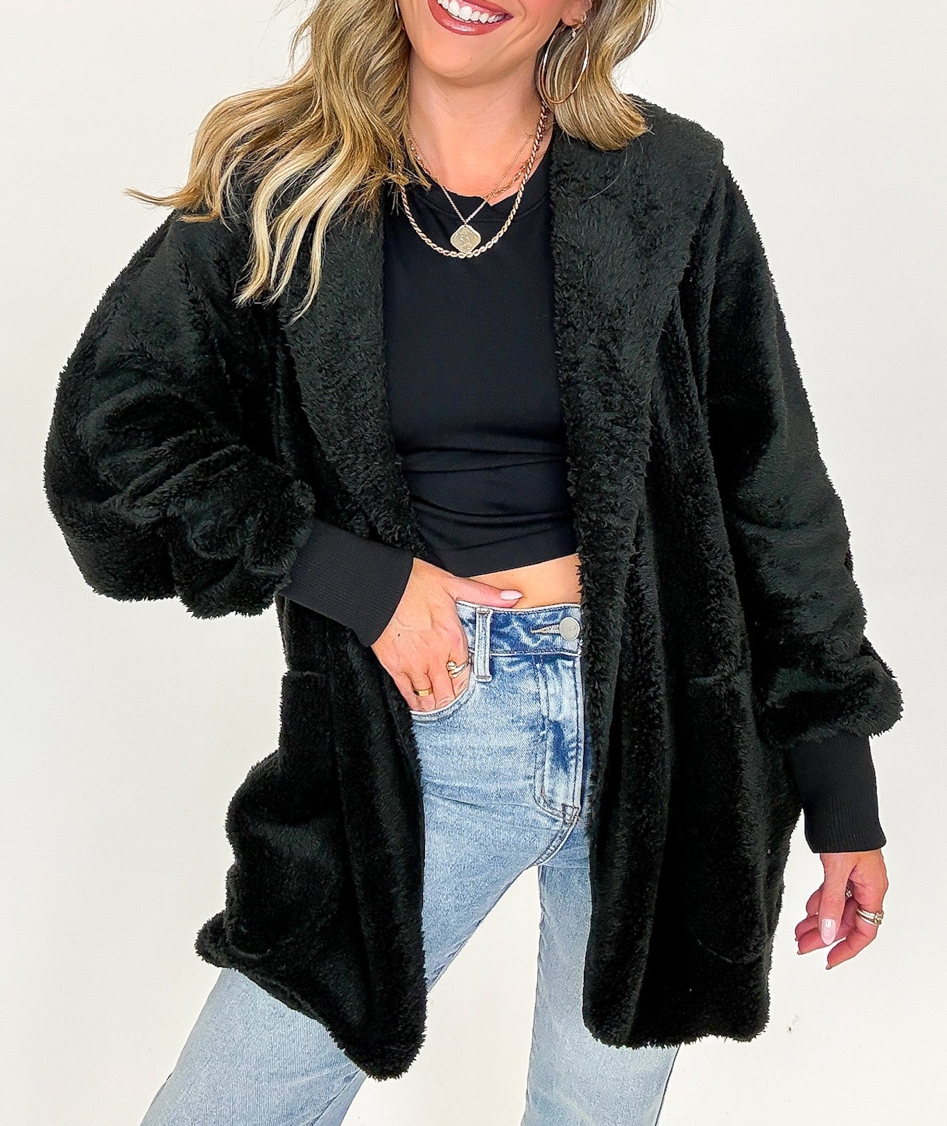 Cozy Crest Hooded Faux Fur Jacket