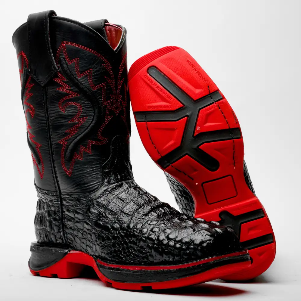 Black Caiman Neck Leather Boots With 3D Lightweight Sole - Composite Toe