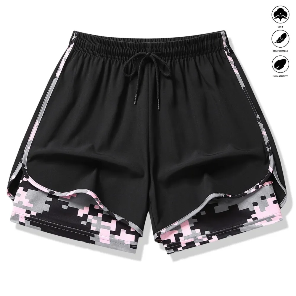 Women’s casual athletic shorts with built-in liner, drawstring, elastic waistband—suitable for outdoor sports, fitness