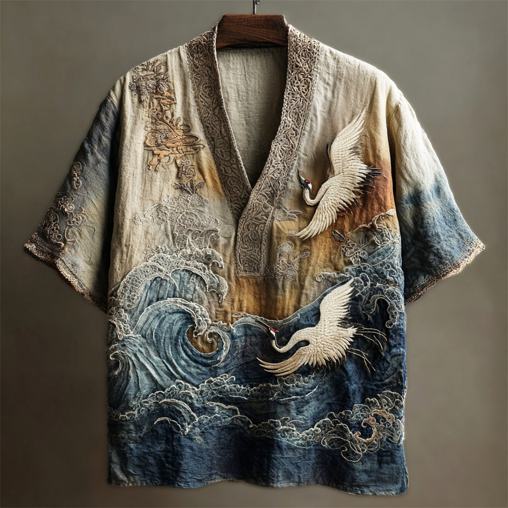 Japanese Embossed Crane Art Men's Linen V-neck Shirt