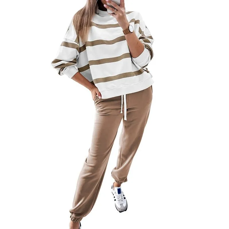 Women's Striped Two Piece Outfit Long Sleeve Drop Shoulder Pullover Tops & Jogger Pants Sets