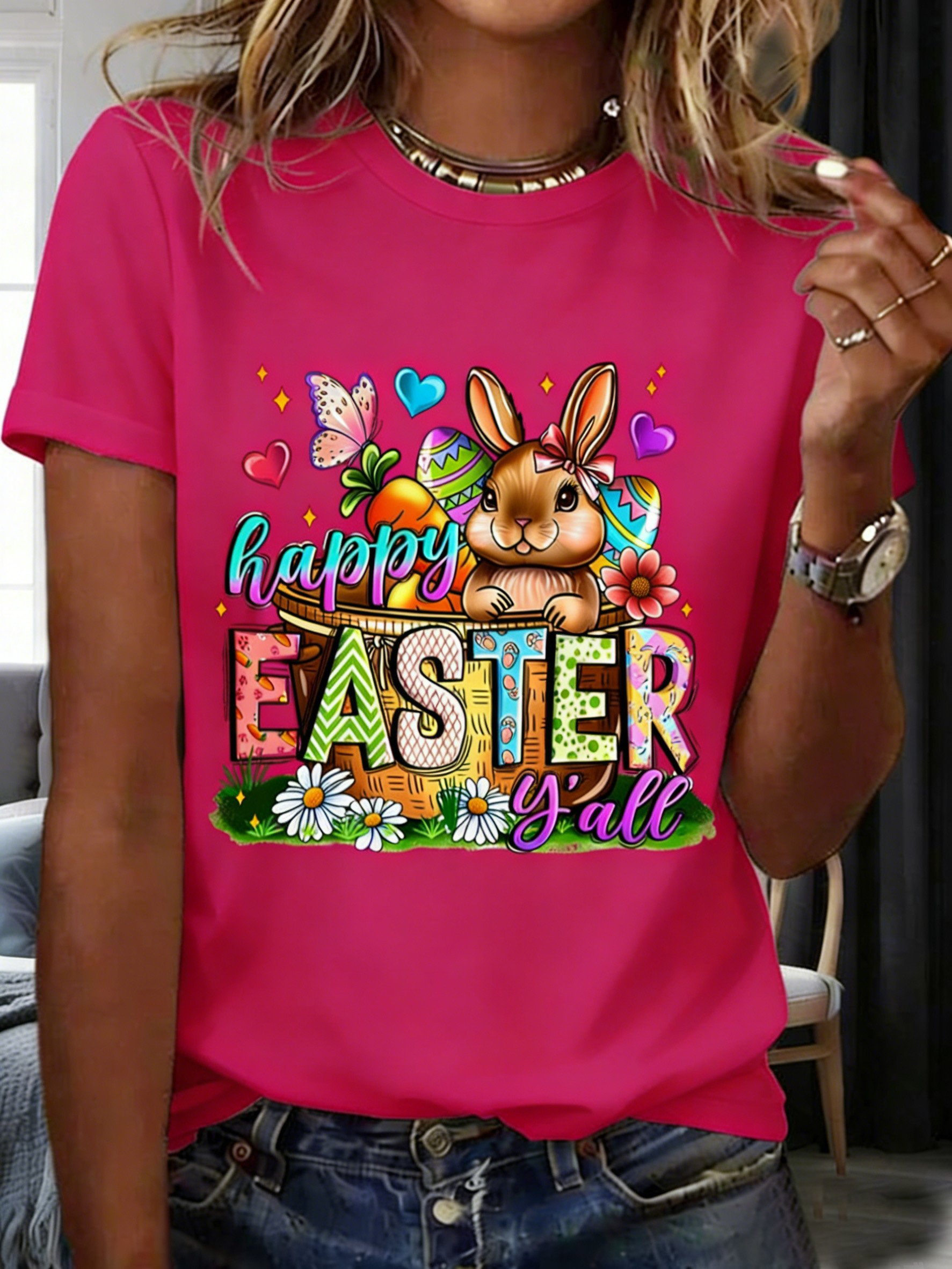 3D Printing Short Sleeve Round Neck Easter Rabbit Summer Casual T-Shirt