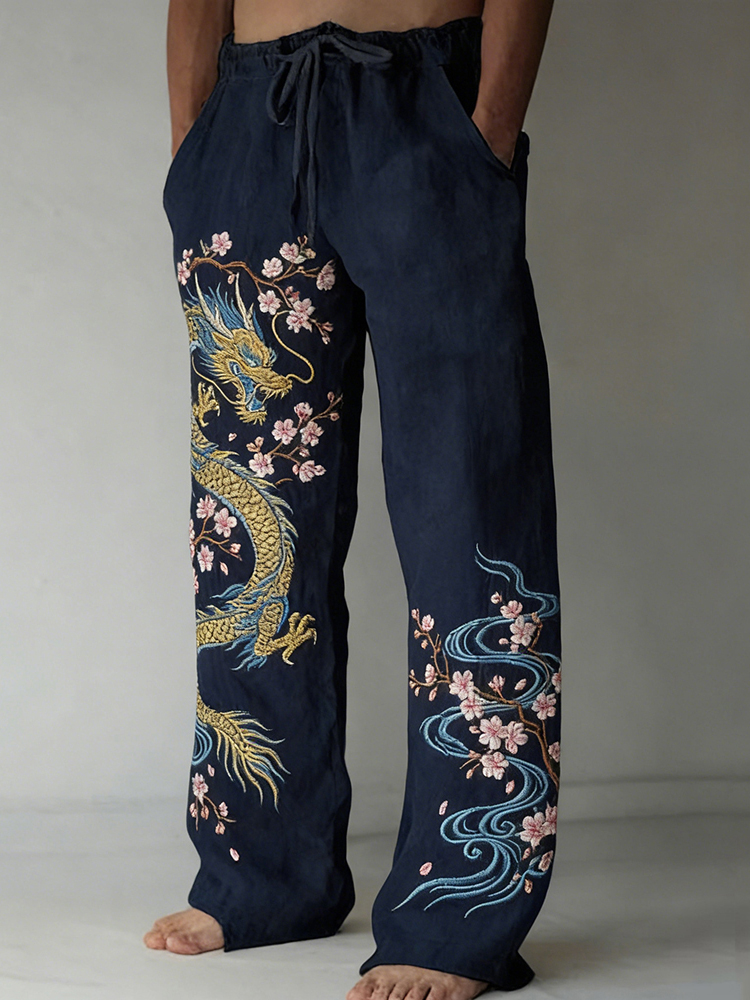 Men's Japanese Dragon & Cherry Blossom Art Cozy Linen Pants