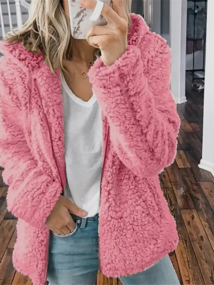 Women Causal Zipper Long Sleeve Hooded Teddy Coat Top