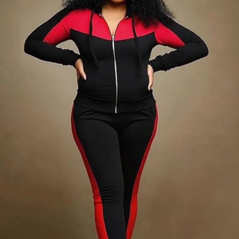 Two-piece Set Women's Colorblock Zip Up Hoodie & Pocket Pants