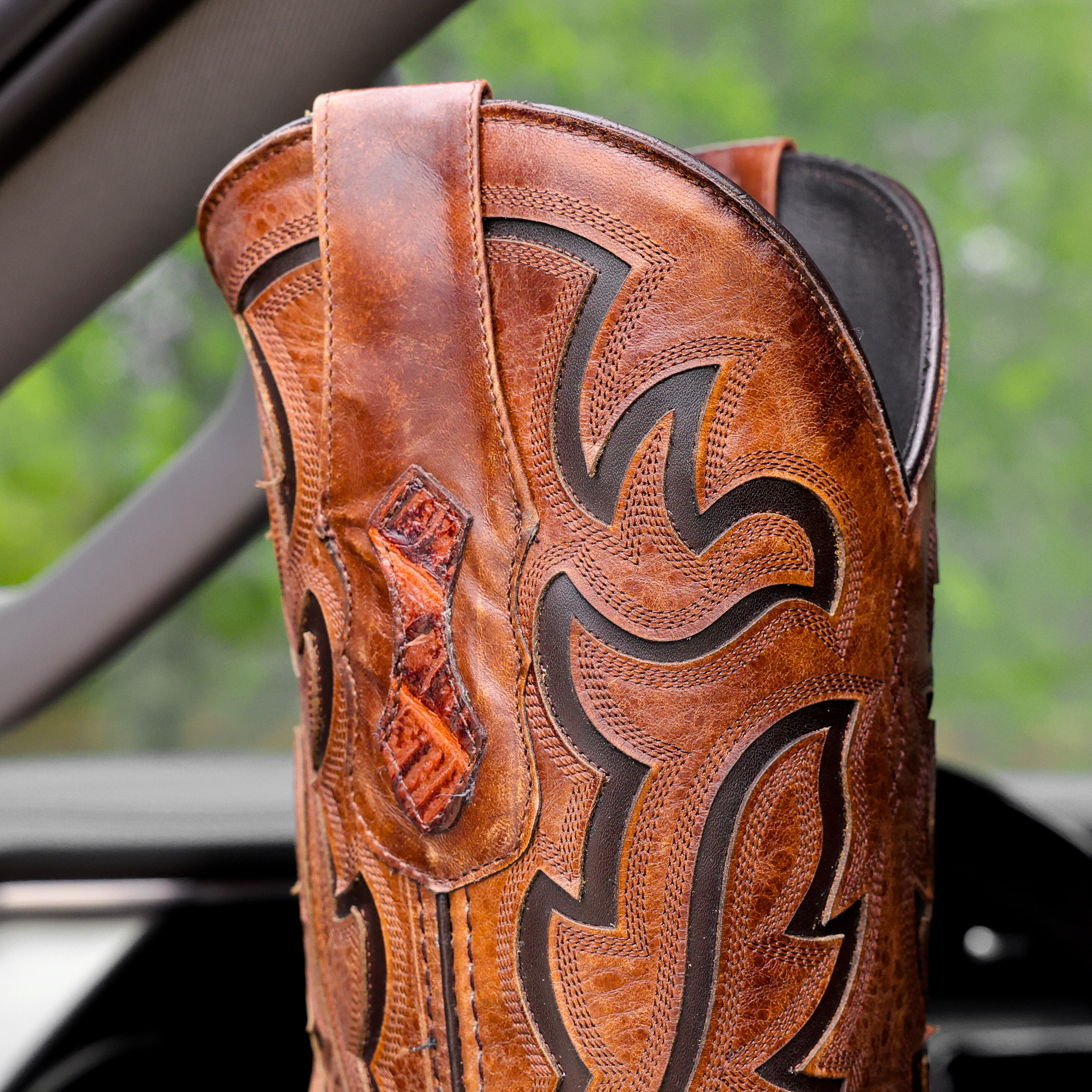 Cognac Caiman Neck Leather Boots - Square Toe